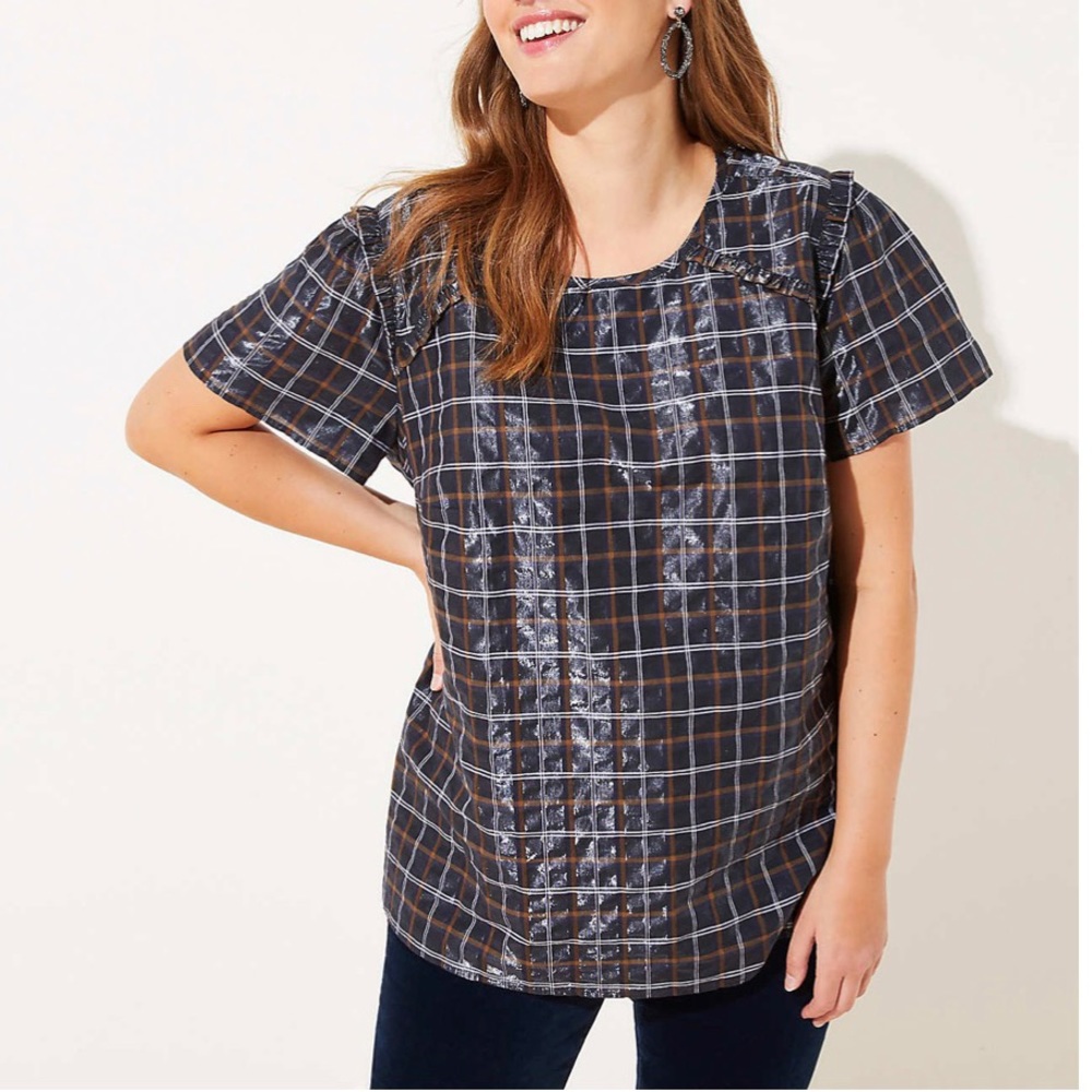 Plus Size Shimmer Plaid Ruffle Trim Top